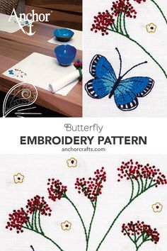 the butterfly embroidery pattern is shown with red berries and flowers on it, along with an image