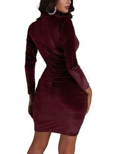 Material:90% Polyester & 10% Spandex. Features:Long sleeve. mock neck. ruched. solid color. velvet. asymmetrical hem. zipper. bodycon mini dress.Style:Party Fitted Ruched Velvet Dress, Fitted Knee-length Velvet Dress For Winter, Long Sleeve Stretch Mini Dress With Side Zipper, Winter Ruched Mini Length Bodycon Dress, Winter Ruched Mini Bodycon Dress, Winter Mini Length Ruched Bodycon Dress, Stretch Long Sleeve Mini Dress With Side Zipper, Stretch Mini Dress With Side Zipper And Long Sleeves, Fitted Ruched Velvet Dress For Date Night