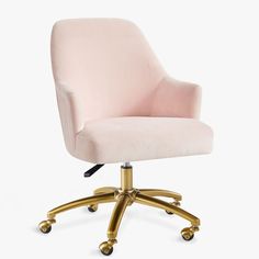 a pink office chair with gold wheels on a white background