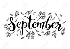 the word september written in black ink surrounded by leaves and acorns on a white background