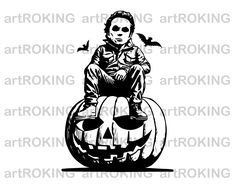 a black and white image of a person sitting on top of a pumpkin