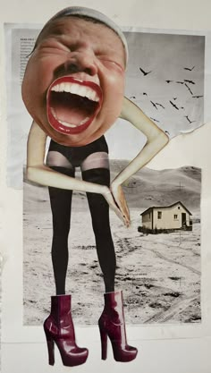 a collage of a woman with her mouth wide open and an image of a house in the background