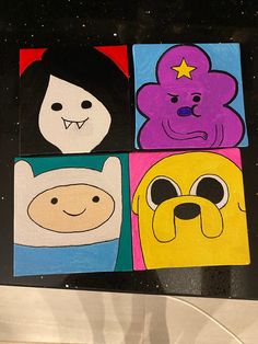 four square paintings with cartoon characters on them