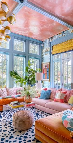 a living room filled with lots of colorful furniture