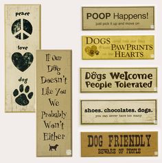 several wooden signs with different sayings and pictures on the front, side, and back of them