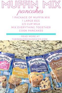 three packages of muffin mix sitting on top of a counter