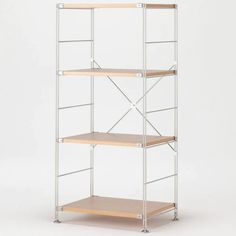 a three tiered shelving unit with wood shelves and metal bars on each shelf