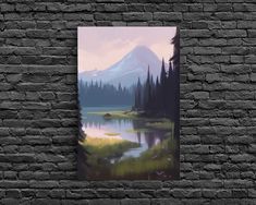 a painting hanging on a brick wall next to a stone wall with a lake and mountains in the background