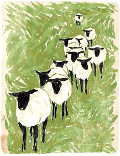 a painting of sheep walking in the grass with one looking at the camera while another looks on