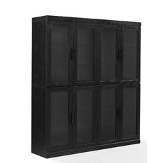 a black bookcase with four doors and three shelves