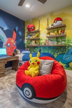 a bedroom with pokemon themed furniture and decorations on the walls, along with shelves full of toys