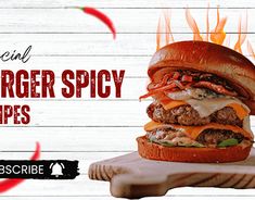 a large hamburger sitting on top of a wooden cutting board with flames coming out of it