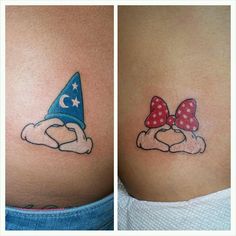 two pictures of different tattoos on the side of their butts, one with a hat and bow