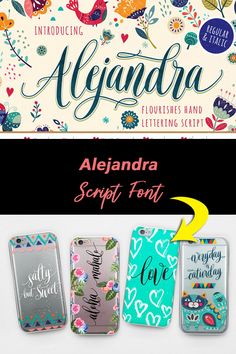 four phone cases with different designs on them and the words alexandria script font in front