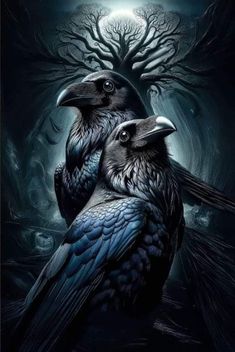 two black birds sitting on top of each other in front of a full moon sky