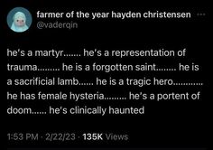 a tweet with the caption that reads, farmer of the year hayden christianen