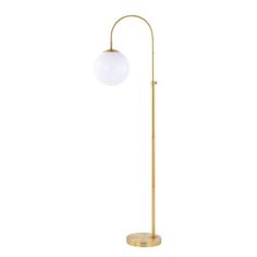 a gold floor lamp with a white ball on the base and a round glass shade