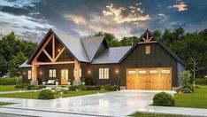 this is an artist's rendering of a modern farmhouse style home with two garages