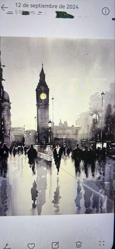 an image of a clock tower in the distance with people walking around it on a rainy day