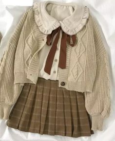 Pleated Plaid Skirt, Kawaii Skirt, Cottagecore Clothes, Fairycore Clothes, Vest Cardigan, Style Kawaii, Doll Collar, Vintage Preppy, Plaid Outfits