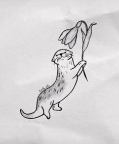 a drawing of an otter holding on to a branch with flowers growing out of it