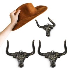 PRICES MAY VARY. Stylish Hat Hook--Bull Head Design! Inspire from the western longhorn, crafted with premium cast iron, this decorative wall hooks is a true work of art. Its intricate details and unique retro western style make it a standout piece. Hang your hats in style and add a touch of vintage charm to any space. Perfect for cowboy enthusiasts and those who appreciate the rustic aesthetic. Unique Cowboy Hat Holder--This stylish hat holder measured with 5.5x4.3x2.7 in, designed to hold or di Western Hats On Wall, Homemade Cowboy Hat Rack, Western Hat Rack, Horseshoe Cowboy Hat Rack, Antique Western Decor, Weatern Hat Rack, Cowboy Hat Rack, Western Wall Decor, Hat Holder