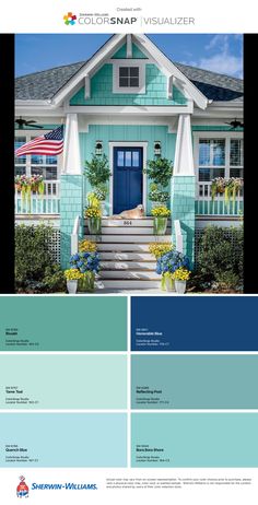 the color scheme for this house is blue and has white trimmings on it