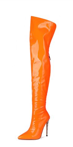 Size for EU 35 - EU 45, please inform us for the adjustment of the wider shoes.Heel Height : 12 cm high heels;Shaft circumference : calf circumference 34cm, muzzle circumference 42cm;Shaft height : 60 cm;Closure Type : Zipper;Upper Mateial : patent leather, synthetic. Orange Thigh High Boots, Stiletto Boots Outfit, Red High Heel Boots, Otk Boots Outfit, Orange High Heels, Thigh High Stiletto Boots, Womens Thigh High Boots, Orange Boots, Black Boots Outfit