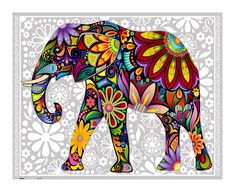 an elephant with colorful flowers on it's body is standing in front of a white background