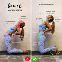 a woman doing yoga poses with her hands on her hips and the words'gamel modifications