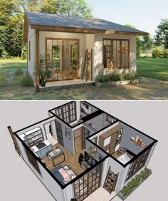 a small house that is in the middle of two pictures, one with an open floor plan