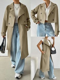 Women's Solid Color Lapel Collar Double-Breasted Long Casual Trench Coat, Autumn Camel Casual  Long Sleeve,Short Sleeve Polyester Plain Regular Non-Stretch  Women Clothing, size features are:Bust: ,Length: ,Sleeve Length: Winter Outfits With Trench Coats, Trenchcoat Style, Plus Size Trench Coat, Casual Trench Coat, Winter Trench, Chic Maxi Dresses, Coat Autumn, Winter Trench Coat, Double Breasted Trench Coat