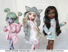 three dolls are standing next to each other in front of a white background with the caption digital pattern for only clothing worn for example purposes purposes