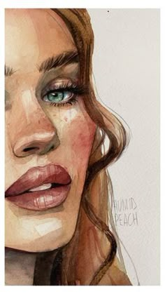 a watercolor painting of a woman's face with blue eyes and brown hair