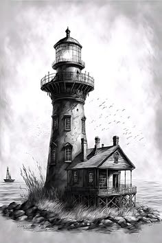 a black and white drawing of a lighthouse on an island with a boat in the background