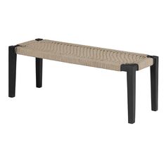 a bench made out of woven material with black legs and an upholstered seat