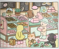 an image of a bakery scene with cats and dogs