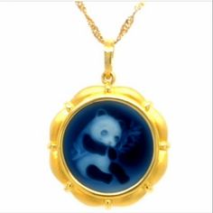 Discover A Blend Of Elegance And Unique Design With This 18k Yellow Gold Panda Pendant Necklace. The Pendant Features A Matte-Finished, Wedge-Wood Like Disc On Onyx, With A Diameter Of Approximately 7/8". Complemented By A Fine Braided 18" Chain, This Piece Is Secured With A Spring Ring Clasp For A Perfect Fit... Comfortable To Wear At 3.8 Dwt. 10329 Panda Pendant, Panda Jewelry, Spring Rings, Blue Gold, Womens Jewelry Necklace, Onyx, Unique Design, Perfect Fit, Unique Designs