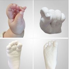 four different views of a baby's hand and foot, with the fingers extended