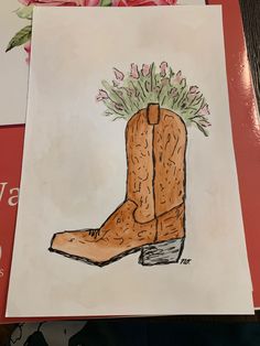 a drawing of a boot with flowers in it