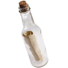 an empty glass bottle filled with paper and a cork on the inside, sitting on a white surface