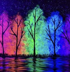 an image of trees that are in the water with colored paint on them and stars above