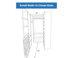 the measurements for small walk - in closet sizes are shown above an image of shelves and drawers