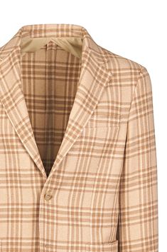 Crafted from luxurious pure camel wool. This single-breasted jacket features a refined plaid pattern, offering a perfect blend of sophistication and modern flair. The unstructured design ensures a comfortable fit, making it ideal for both casual and formal occasions. With its timeless elegance and superior craftsmanship, this jacket is a versatile addition to any wardrobe. Plaid Semi-formal Outerwear With Hidden Button Closure, Semi-formal Plaid Outerwear With Hidden Button Closure, Plaid Outerwear With Hidden Button Closure For Semi-formal Events, Plaid Outerwear With Hidden Button Closure For Semi-formal Occasions, Classic Plaid Sport Coat With Lapel Collar, Classic Plaid Sport Coat, Classic Plaid Outerwear With Concealed Placket, Classic Plaid Tweed Jacket With Hidden Button Closure, Classic Plaid Tweed Jacket With Hidden Buttons