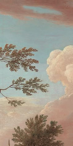 a painting with birds on a tree branch in the foreground and clouds in the background