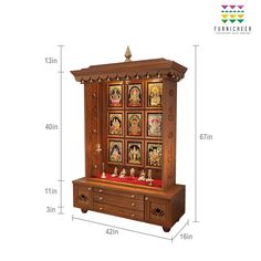 a wooden cabinet with pictures on the front and sides, measurements for each item in it