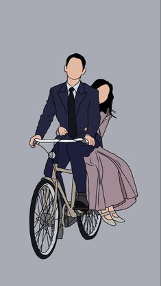 a man riding on the back of a bike next to a woman in a dress