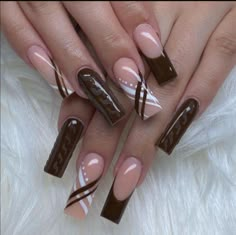 Square Fall Nail Ideas, Coffin Sweater Nails, Fall Nail Designs Acrylic Square, Brown Sweater Nails, Sweater Design Nails, Sweater Nails Fall, Sweater Weather Nails, Square Nail Designs, French Manicure Nails