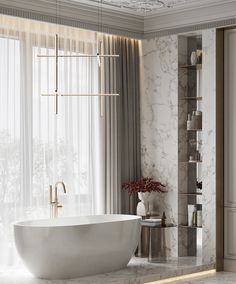 a large white bath tub sitting in a bathroom next to a window with sheer curtains