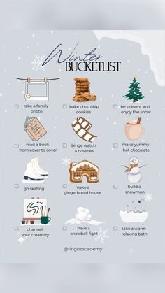 the winter bucket list is shown in this graphic style, with snowflakes and other things